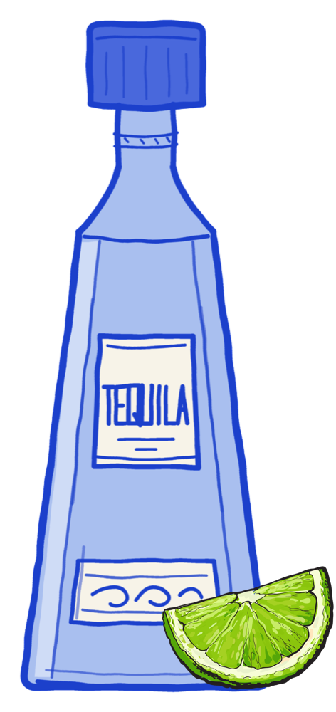 Drawing of a lime wedge beside a blue line-drawn tequila bottle